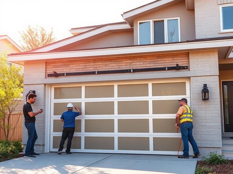 Professional installer mounting new garage door panel on residential home