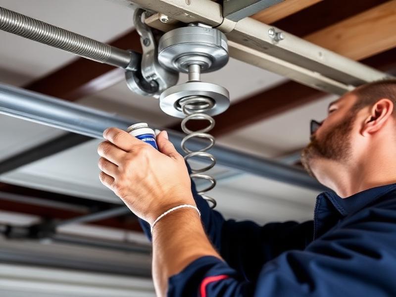 Homeowner performing spring maintenance on white garage door in Massachusetts
